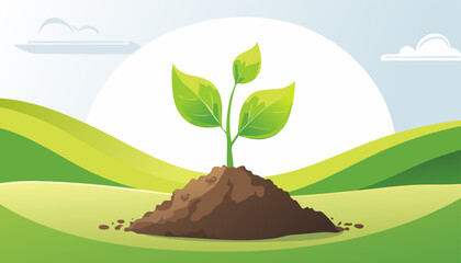 New life concept with a leaf sprout rising from the soil in a peaceful countryside scene.