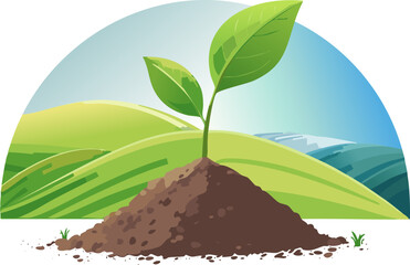 A young green plant growing from fertile soil under a clear sky with rolling hills in the background.