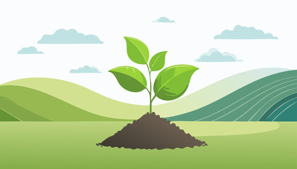 Illustration of a fresh sprout emerging from a mound of soil on a bright sunny day.