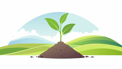 Small plant thriving in rich earth surrounded by natural hills and open blue sky.