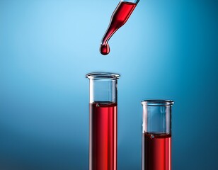 a single test tube with red liquid a drop falling