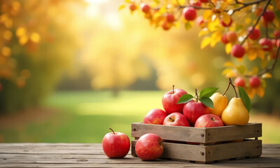 Overflowing crate with fresh ripe apples and pears on wooden table against autumn garden background