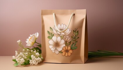 sustainable kraft paper pouch featuring a delicate floral design isolated on a pastel gradient background