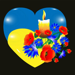 Burning candle and flowers on a yellow and blue heart background.  Vector illustration