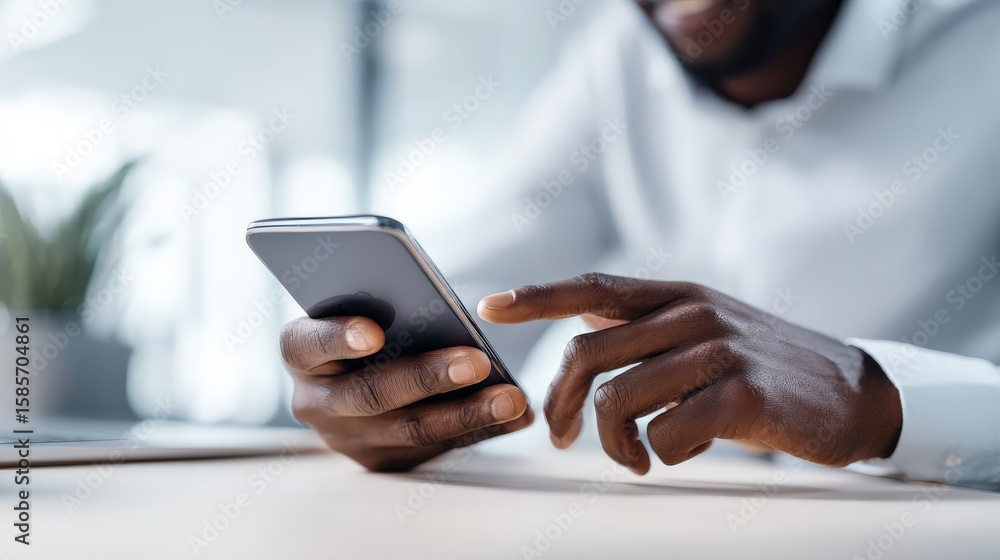 Poster a person using a smartphone, focusing on touchscreen interaction with a blurred background.