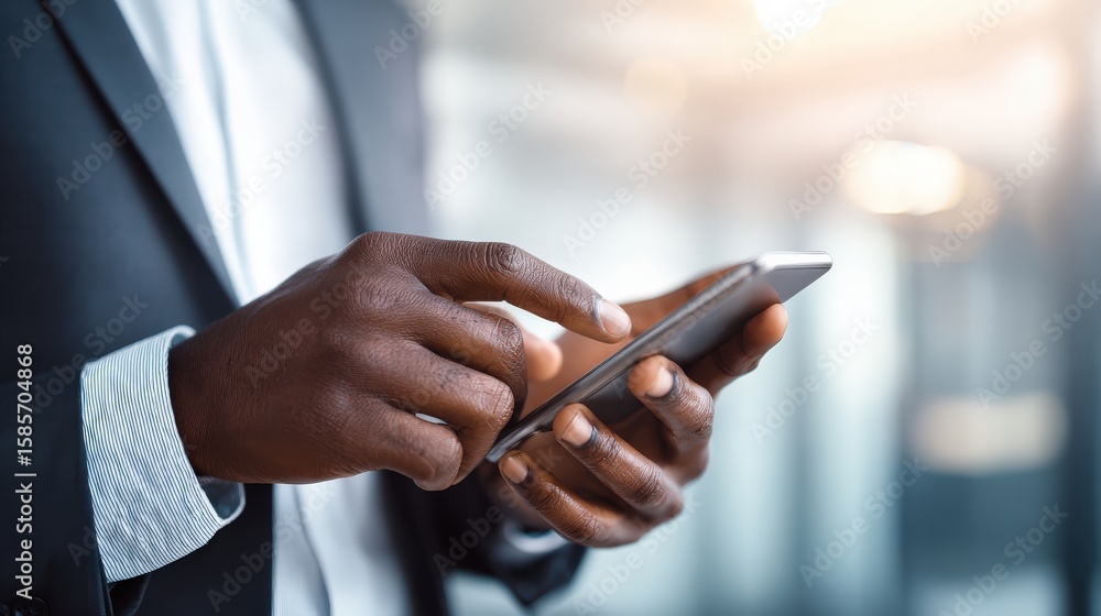 Poster a close-up of a person in a suit using a smartphone with one hand, focusing on the fingers and the d