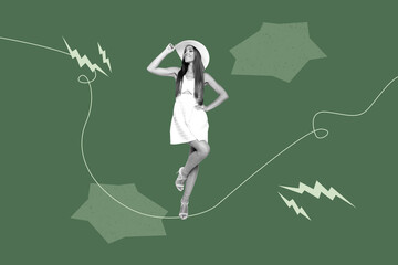 Creative poster collage of person posing air fly on green background with geometry picture shape