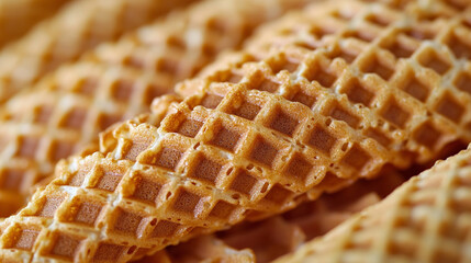 Extreme close-up of brown waffle cone texture, highlighting its crisp grid pattern and baked surface. Perfect for food backgrounds, dessert themes, or culinary design elements.

