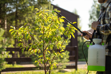 Garden sprayer. The gardener sprays tree in the garden with a spray bottle. Pest control concept....
