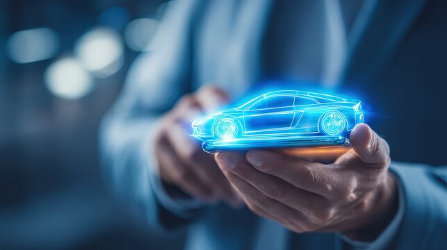 A person holds a glowing blue holographic model of a sports car, symbolizing futuristic automotive technology and innovation.