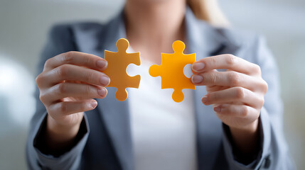 Woman in Grey Suit Holding Two Golden Puzzle Pieces