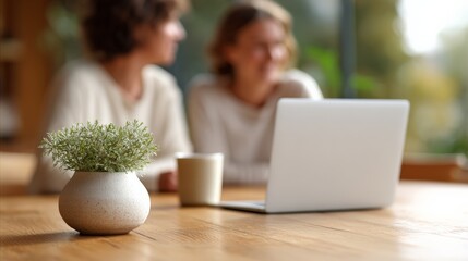 Two women are working remotely on a laptop in a cozy home office, with a small plant on the wooden table adding a touch of nature to their workspace