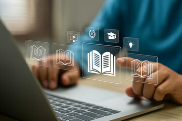 Finger Touching Laptop Displaying Digital Library Icons for E Learning and Knowledge Access