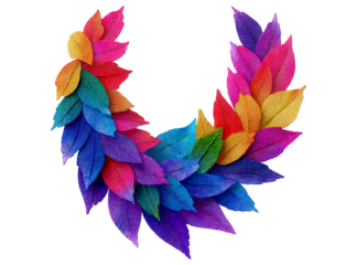 Vibrant rainbow leaves forming a crescent shape on black background, Isolated On White, Transparent Background, Png