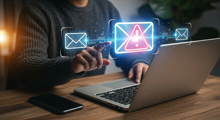Person interacting with digital interface showing email security alert on laptop