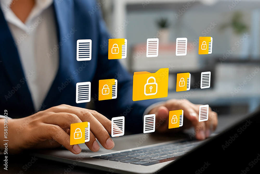 Poster hands typing on laptop with cyber security icons showing locked files and data protection