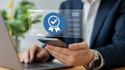 Person using a mobile phone with quality certification icon displayed