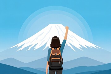 Woman with backpack raises fist in triumph before majestic snow capped mountain