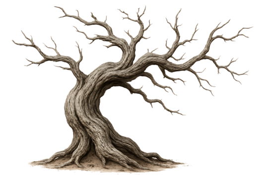 Gnarled ancient dead tree with twisted branches isolated on transparent background