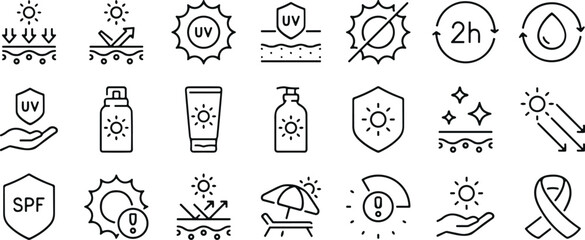 UV protection icon set, sunscreen symbols, SPF skin care, sun safety graphics, skincare line art, dermatology icons, solar defense illustrations
