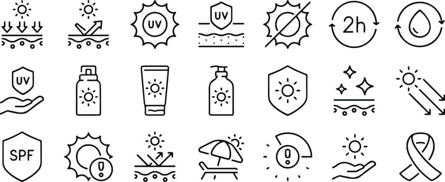 UV protection icon set, sunscreen symbols, SPF skin care, sun safety graphics, skincare line art, dermatology icons, solar defense illustrations