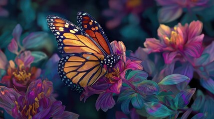 Monarch butterfly amidst vibrant, painted flowers and foliage with colorful light