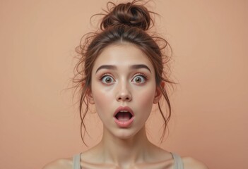 Mujer joven asombrada con ojos grandes y expresivos y un moño desordenado sobre un fondo limpio de color melocotón pastel