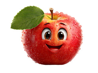 Happy red apple cartoon character with water droplets, Isolated On White, Transparent Background, Png