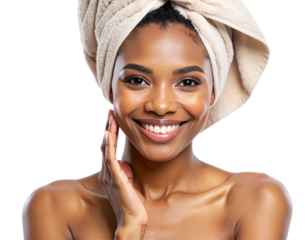 Elegant African Woman Smiling in Satin Hair Wrap Towel, Front Portrait View, Isolated PNG