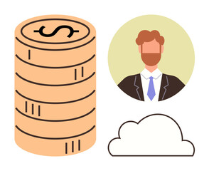 Stack of coins with dollar sign, businessman portrait, and cloud icon. Ideal for finance, digital economy, entrepreneurship, online wealth management, savings, data storage simple flat metaphor