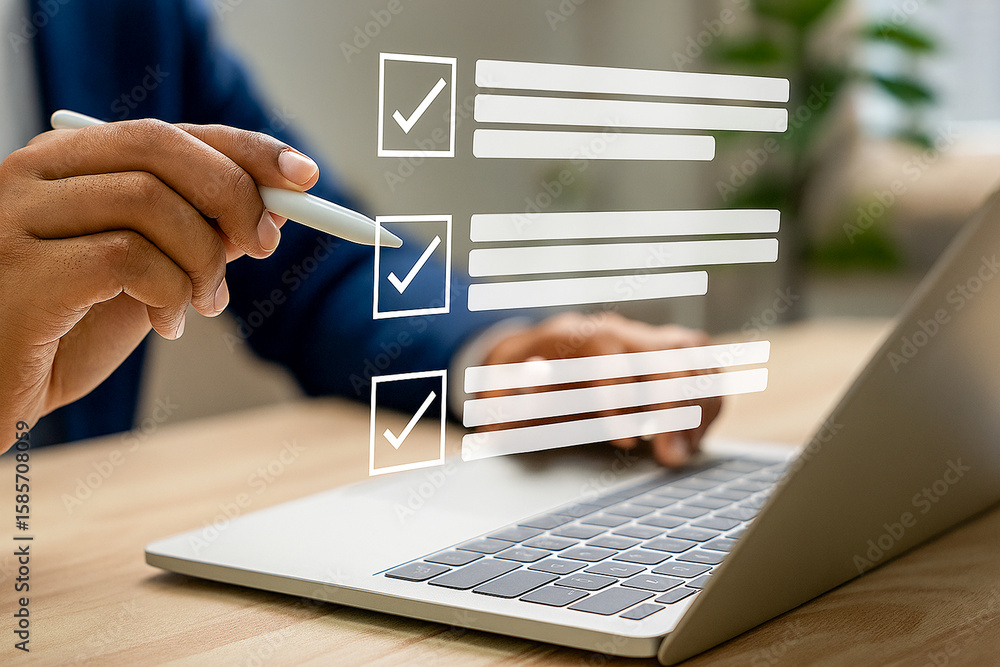 Aufkleber hand using stylus marking checklist on laptop screen for task management and productivity