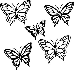 Black line art of five butterflies with detailed wings and antennae, creating delicate and elegant natural design