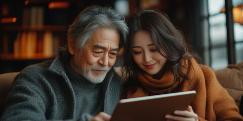 a couple sitting together on a couch, both smiling while using a single tablet, warm home interior