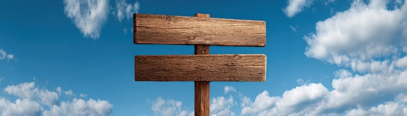 Fototapeta premium A rustic wooden signpost stands tall against a vibrant blue sky dotted with fluffy white clouds.