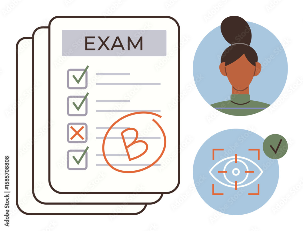 Poster exam sheet with checkmarks and grade b, user identification profile, and biometric eye scan highligh
