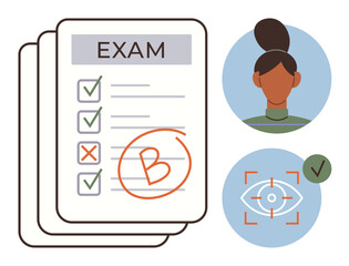 Exam sheet with checkmarks and grade B, user identification profile, and biometric eye scan highlight evaluation, authentication, and user verification. Ideal for education, security, identity