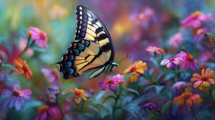 A vibrant painting depicts a yellow butterfly with black and blue markings delicately feeding on a cluster of colorful flowers amidst a blurred, dreamlike garden