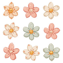 Cute Flower Stickers with Smiling Faces Floral Illustration