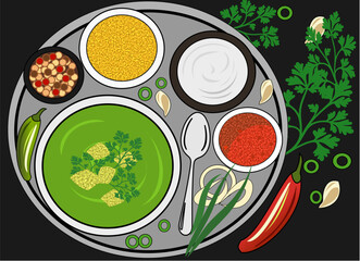 Traditional Indian Food Illustration — Dal Soup and Spices Vector Art