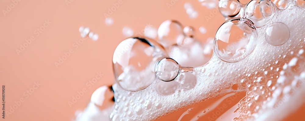 Poster delicate soap bubbles on soft peach background create dreamy macro composition with reflective surfa