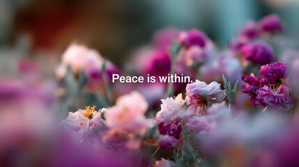 Dreamy pink and purple flowers in soft focus with inspirational text overlay creating serene, peaceful atmosphere for wellness and meditation content.