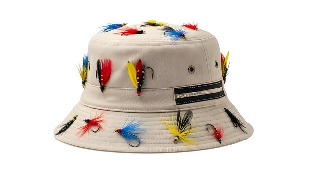 Fishing fly bucket hat unique outdoor style fisherman fashion accessory trendy headwear summer sun protection on transparent background