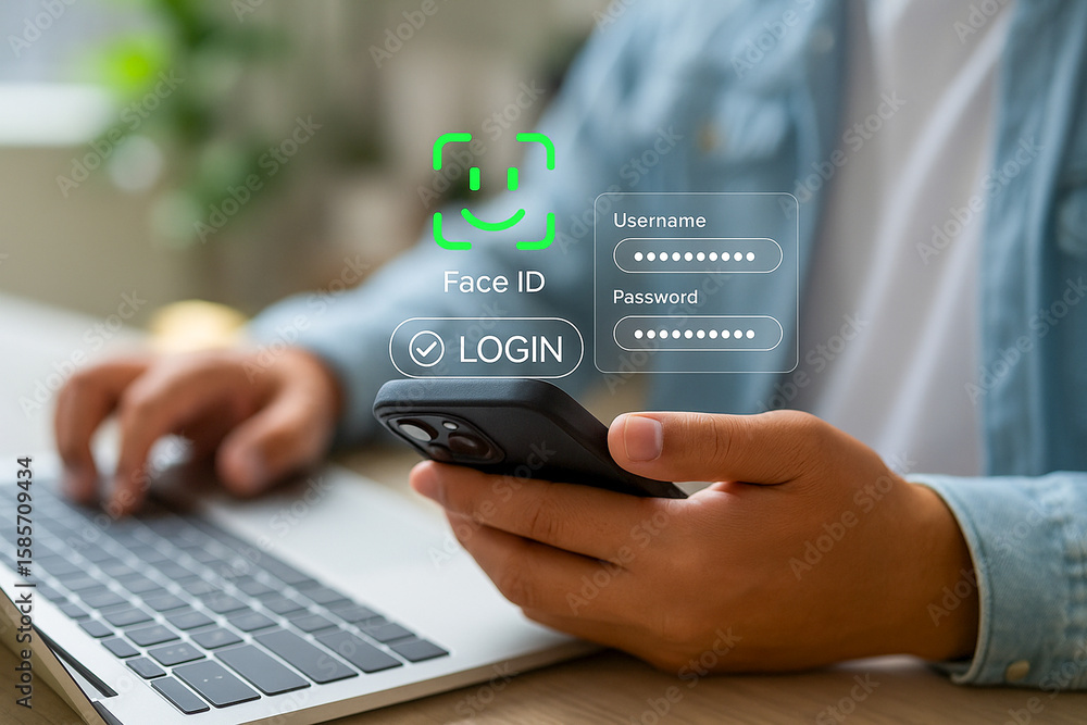 Poster person holding smartphone with face id login interface on screen for secure access