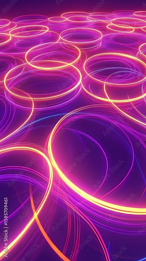 Poster glowing neon circles create dynamic pattern with vibrant purple and pink gradient background, illumi