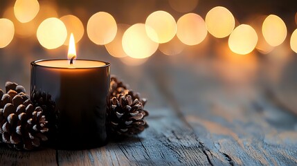 Glowing candle with pine cones on rustic wooden surface against blurred golden bokeh lights background creates cozy winter holiday atmosphere.