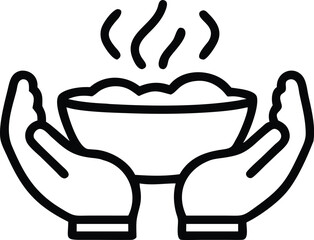 Line art of hands holding bowl with food and steam rising up