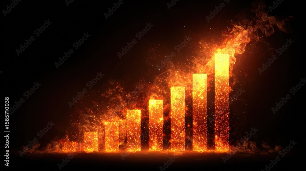 Poster a fiery bar chart with ascending columns engulfed in flames on a dark background, symbolizing intens