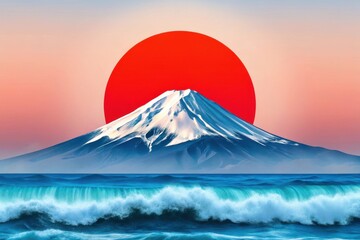 Majestic mount fuji emerges behind a vibrant red sun over crashing ocean waves