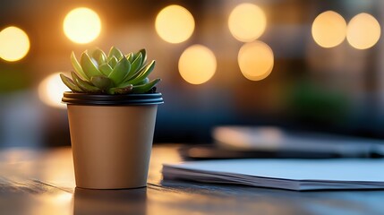Small green succulent plant in gray pot on wooden desk with warm bokeh lights background creating cozy atmosphere for home or office decor.