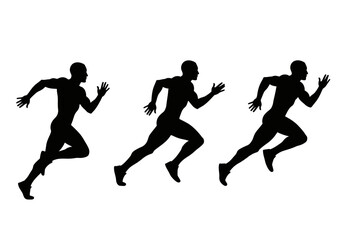 Fototapeta premium A series of black silhouette illustrations depict a male runner in motion against a clean white background, showcasing speed and athleticism in a dynamic pose.